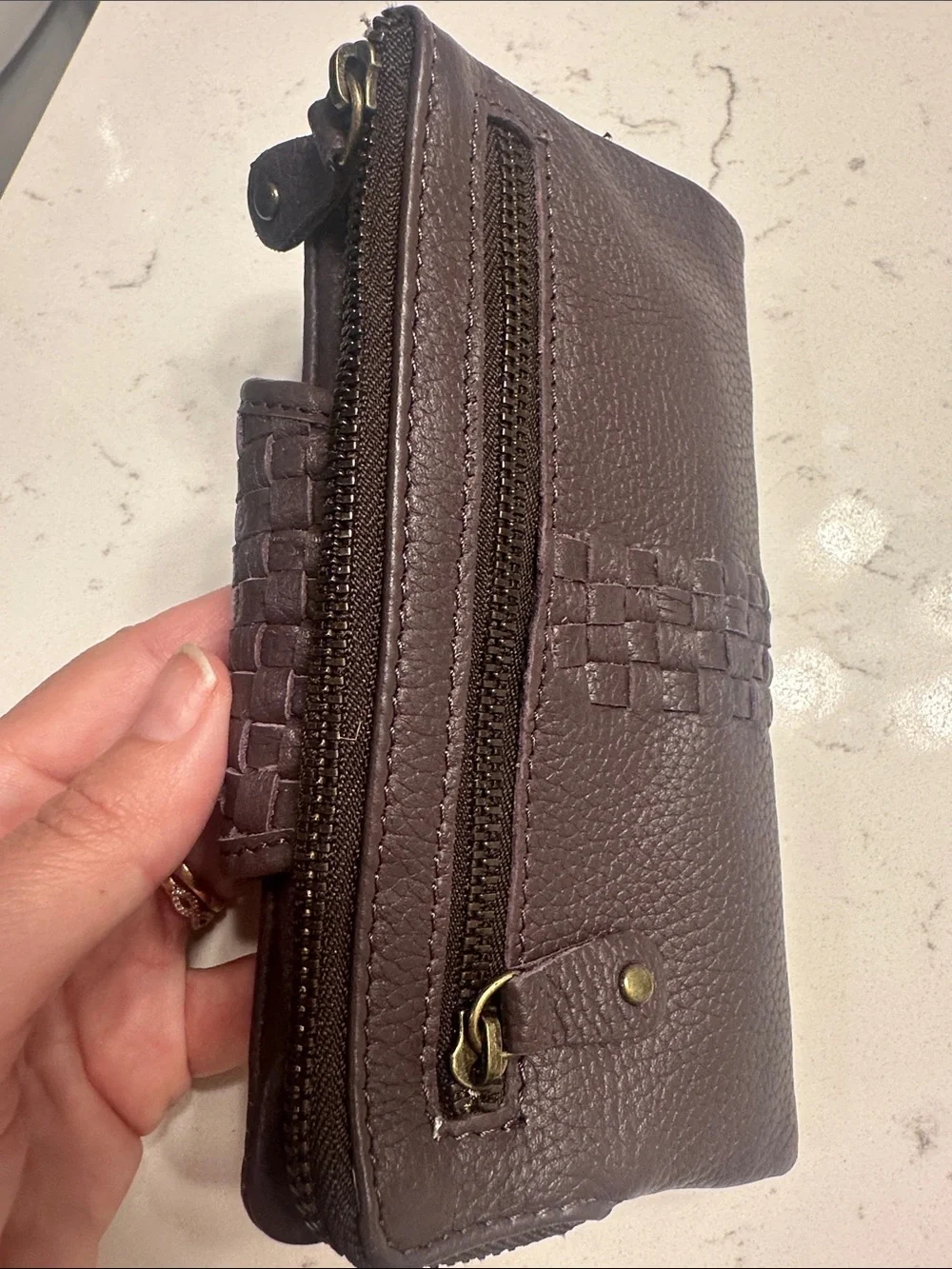 Woven Detail Brown Leather Wallet